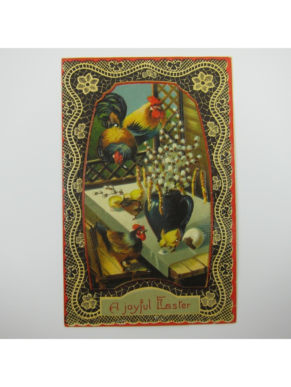 Easter Postcard Rooster Chickens & Yellow Chicks Hatch Table Embossed Antique